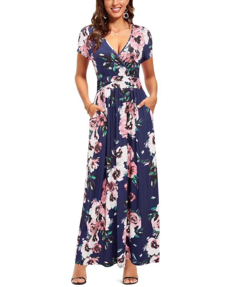 OUGES Women's V-Neck Pattern Pocket Maxi Long Dress(Floral-7,L) Red Flowers - Image 1